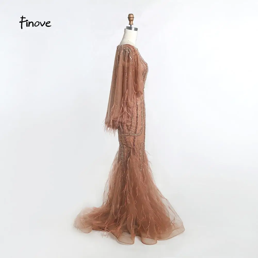 Finove Vintage Evening Dress Long 2020 New Noble Champagne Mermaid O Neck Beaded Feathers With Cloak Party Gowns Plus Size | Свадьбы и