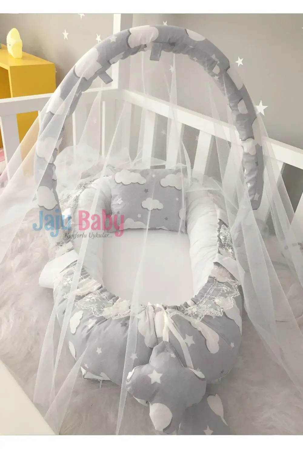 Jaju Baby Handmade Gray Cloud Pattern Mosquito Net and Toy Apparatus Luxury Design Babynest Mother Side Portable Baby Bed