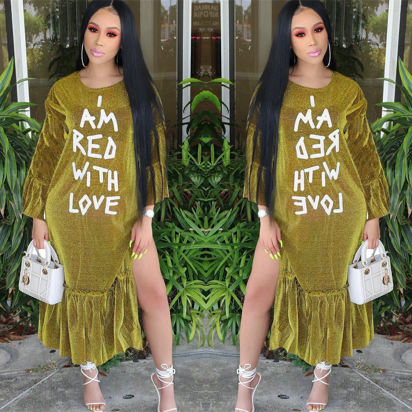 

2022 Spring Outdoor Long Sleeves Letter Print Ruffle Loose Simple Casual Dress for Female