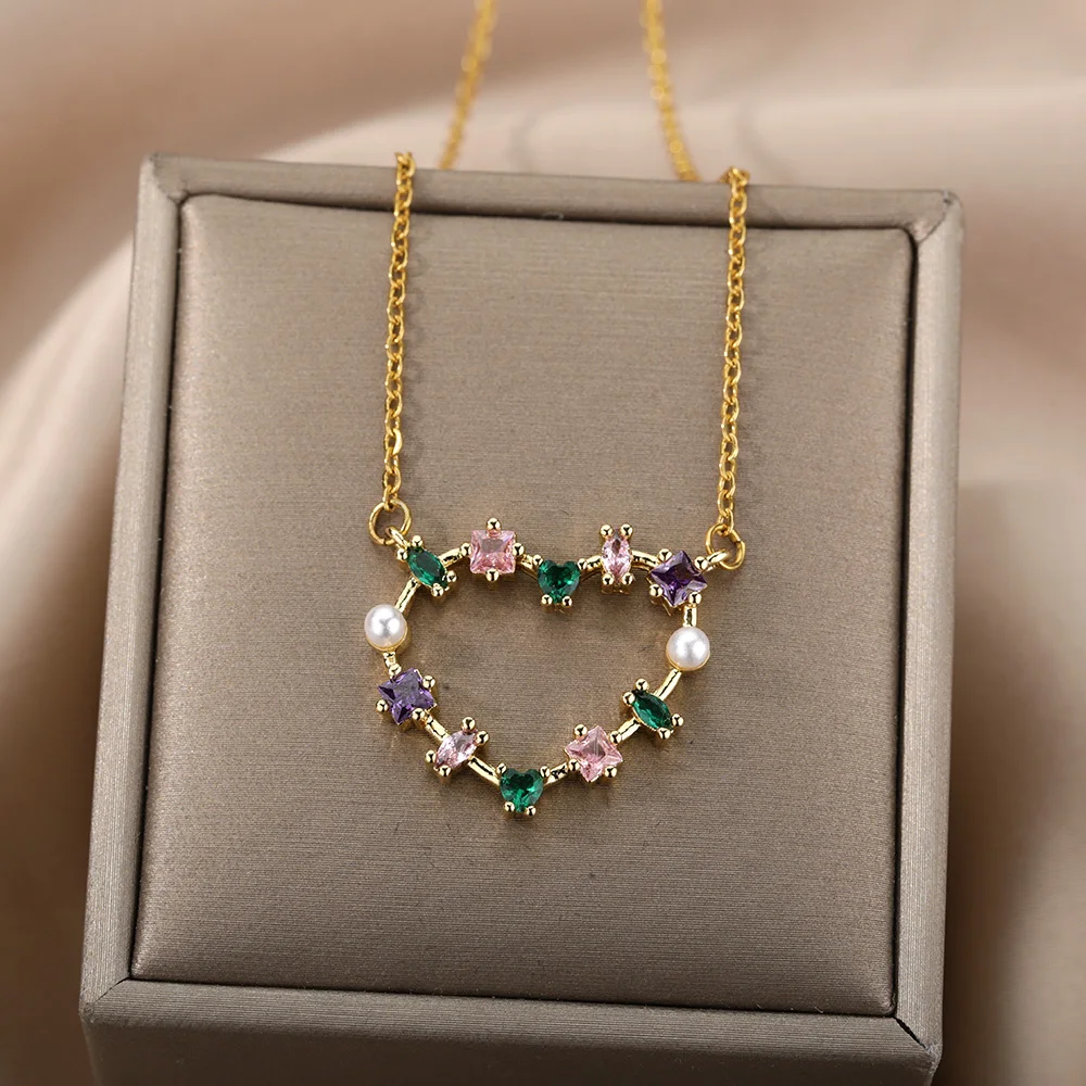 

Rainbow Zircon Heart Necklaces For Women Imitation Pearl Love Couple Chain Choker Pendant Necklace Fashion Wedding Jewelry Gift