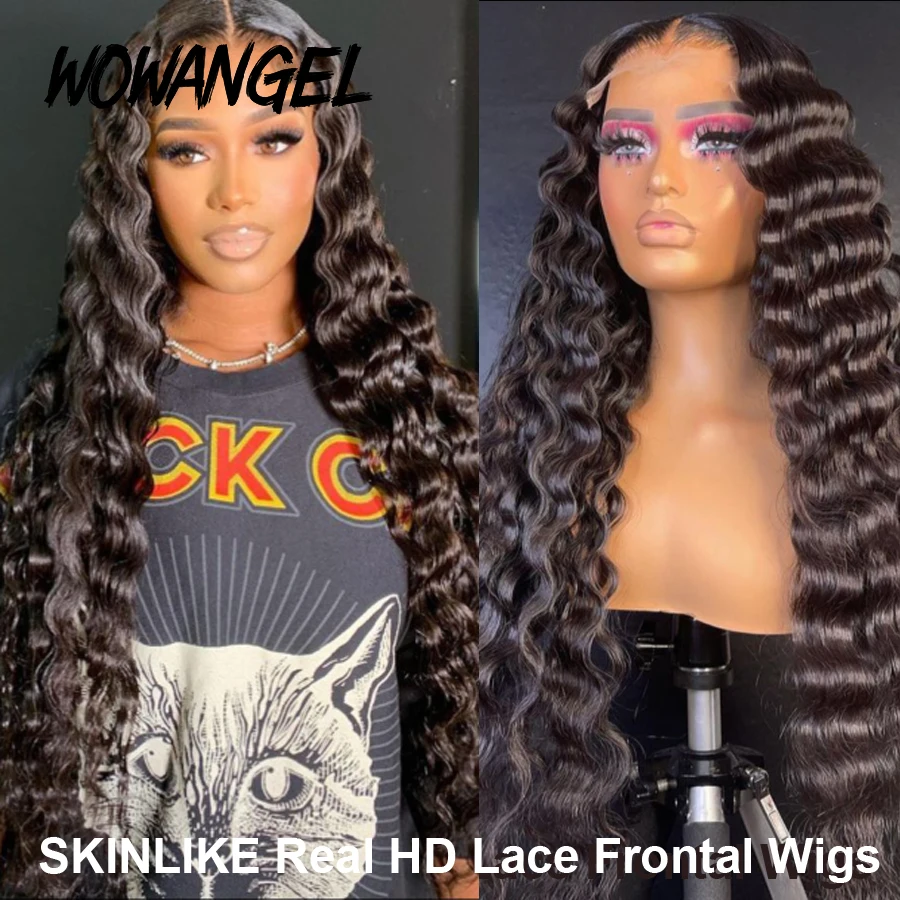 Wowangel-pelucas de cabello humano con encaje Frontal HD, postizo de 34 pulgadas con ondas profundas, 13x6, extensiones de cabello con cierre de encaje sin pegamento