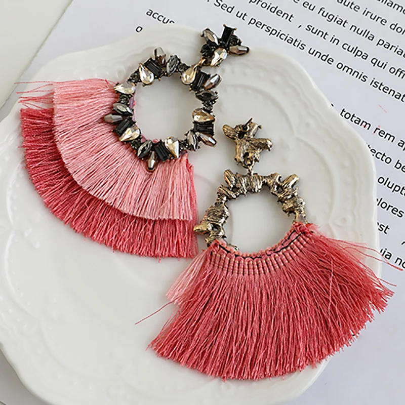 ZHINI Bohemia 9 Colors Tassel Earrings for Women Simple Geometric Circular Hollow Pendant Wedding Jewelry brincos 2020 | Украшения и