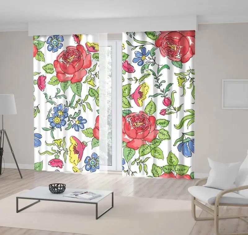 

Curtain Flourish Pattern Peony Daisy Flowers Summer Garden Blossom Red Green Blue Yellow Artwork Printed