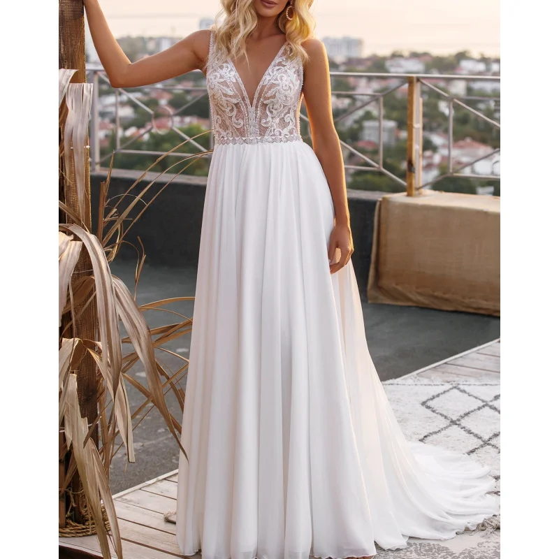 

11811#Chic Sleeveless Chiffon Sexy Deep V Neck Lace Applique A-Line Bohemian Sweep Train Wedding Dress Wedding Bridal Gown