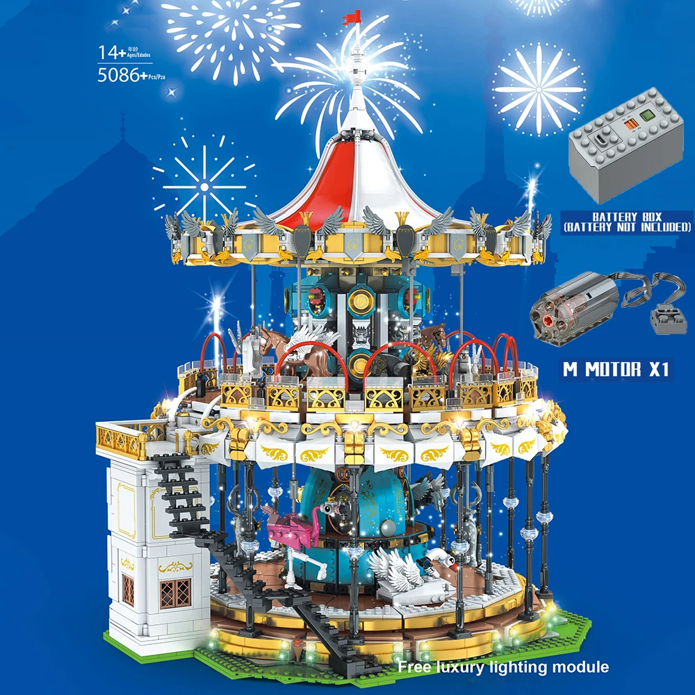 

MOULD KING Street View Motorized Carousel Model Bricks MOC City Amusement Park Building Blocks Toys for Kids Christmas Gifts