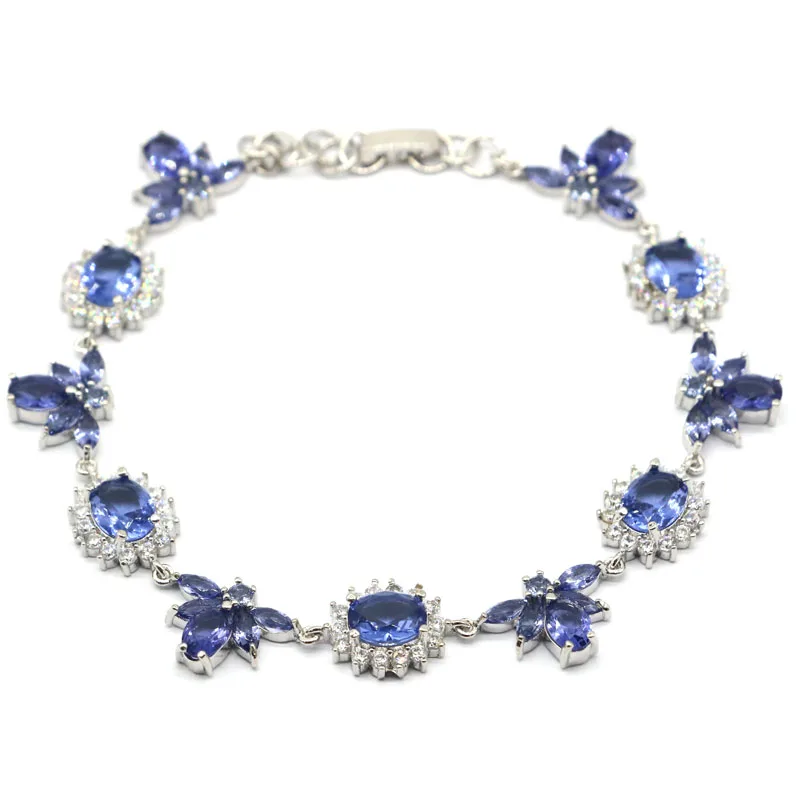 

34x12mm Stunning Created New Stone Iolite Bright Zircon Engagement Woman's Silver Bracelet 9.0-10.0inch