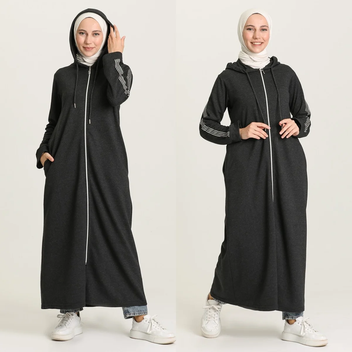 4XL / 5XL Sport Hooeded Casual Caftan Muslim Hijab Dress Hoodie Robe Abaya Islamic Fashion Zipper Cardigan Abayas Femm