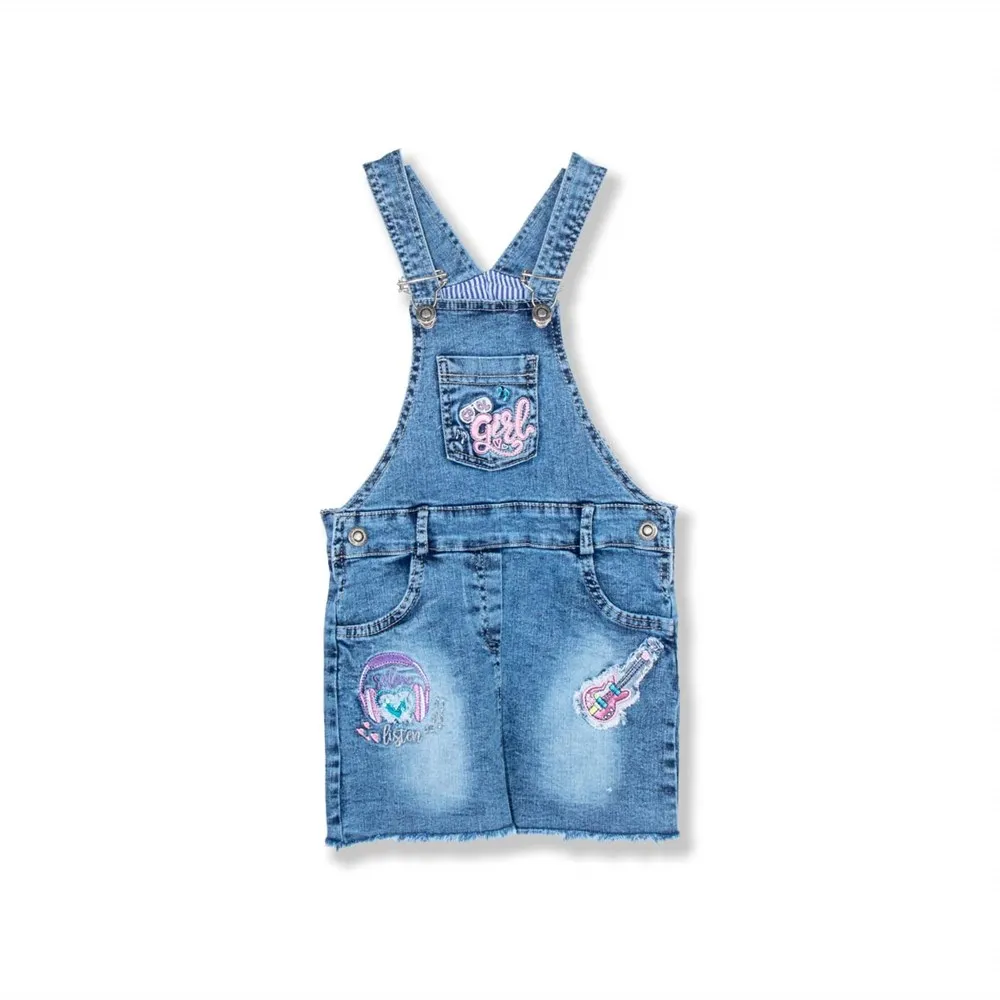 Baby Kids Children Girl Jean Denim Jumper Dress with Guitar Embroidery Playsuit Sportswear Outfit