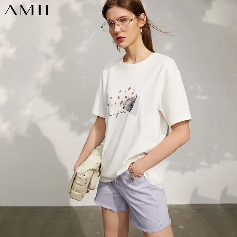 

Amii Minimalism Summer New Women's Tshirt Fashion 100%cotton Printed Oneck Loose Causal Women's Summer Tshirt Tops 12140679