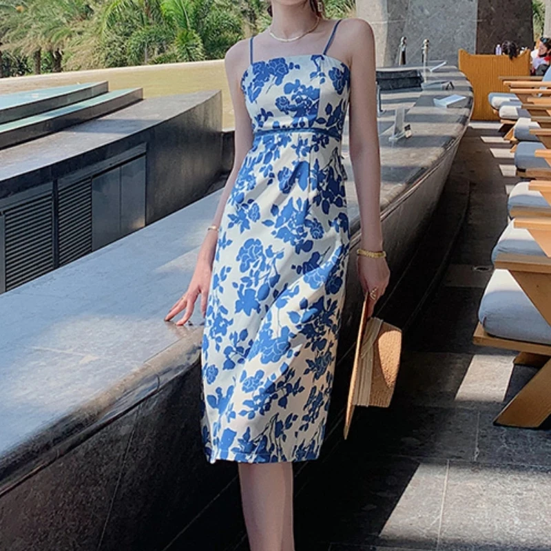 

Women's Summer Spaghetti Satin Beach Long Midi Dresses Femme Elegant Floral Print Backless Vestidos Fashion Holiday Maxi Robe