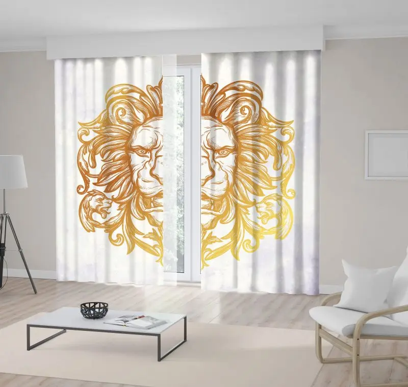 

Curtain Lion Head in Gold Color African Wild Animal King Symbol Power of Strength Tribal Baroque Art Yellow White