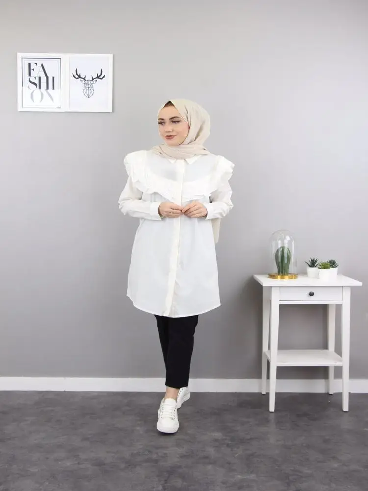

Behind the Breast And Lace Tunic Shirt Gabardine fabric Pointed Collar Muslim Women's Fashion Street Style Summer 2021 Fall Turk