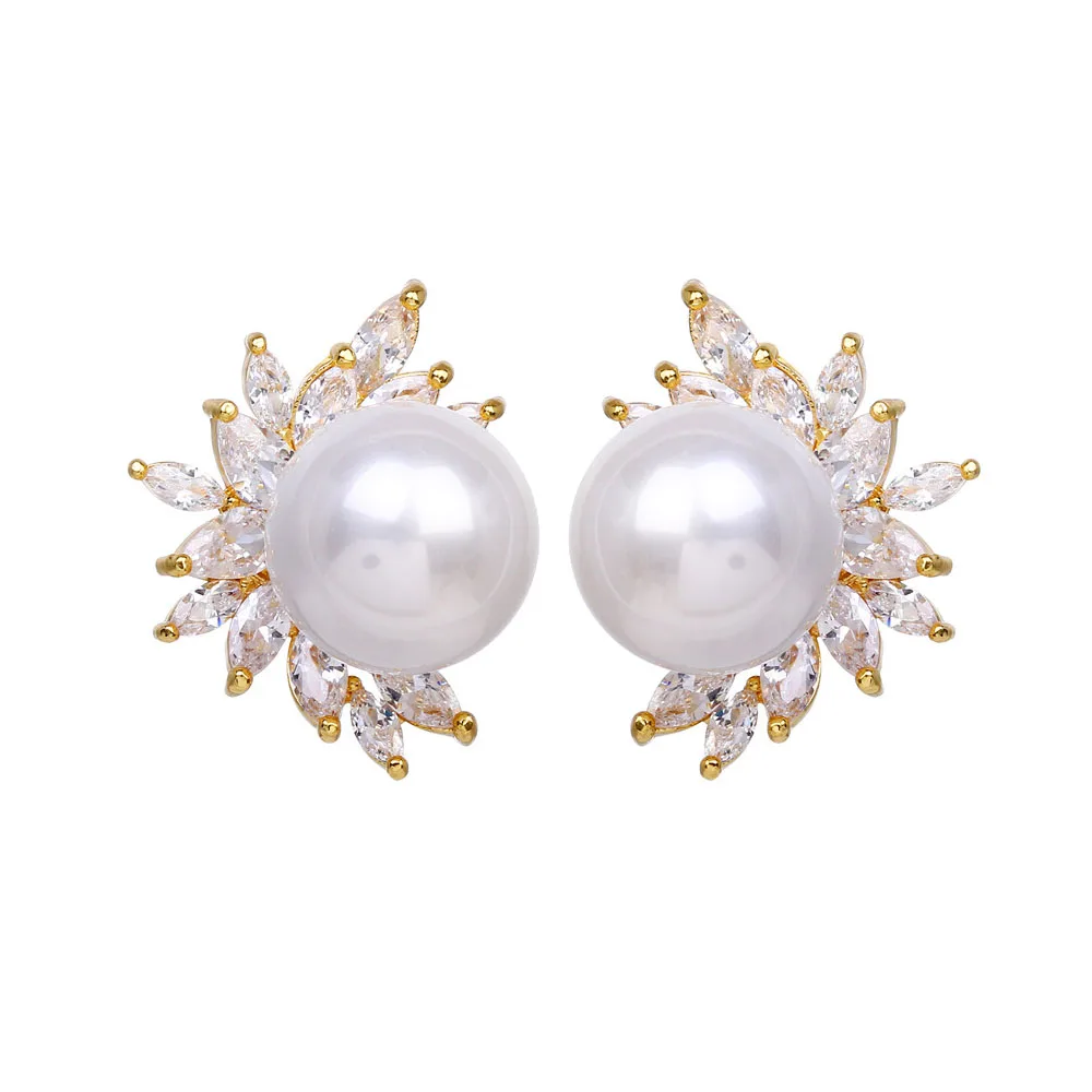 

14K Gold Plated High Polish Crystal Cubic Zirconia Exquisite Trendy Leaves Pearl Stud Earrings For Women,Girls