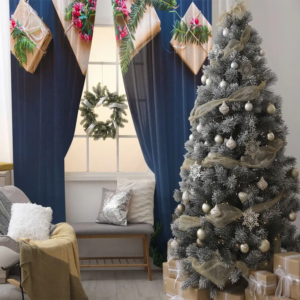 

Curtain Wrapped Gifts with Pine Tree Leaves Branches and Berries New Year Celebration Photo Blue Green