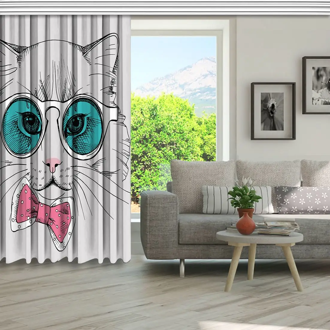 Занавес милый кот в очках и галстук бабочка модные стильные животные мультфильм