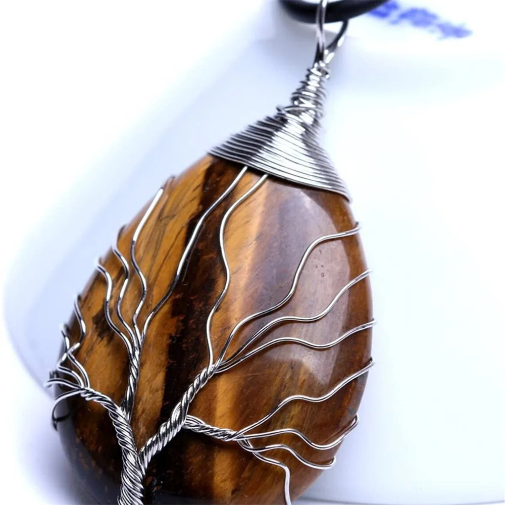 

Wire Wrapped Tree of Life Natural Grown Tiger Eye Gemstone Teardrop Pendant Necklace Hand Made Healing Crystal Chakra Jewelry fo