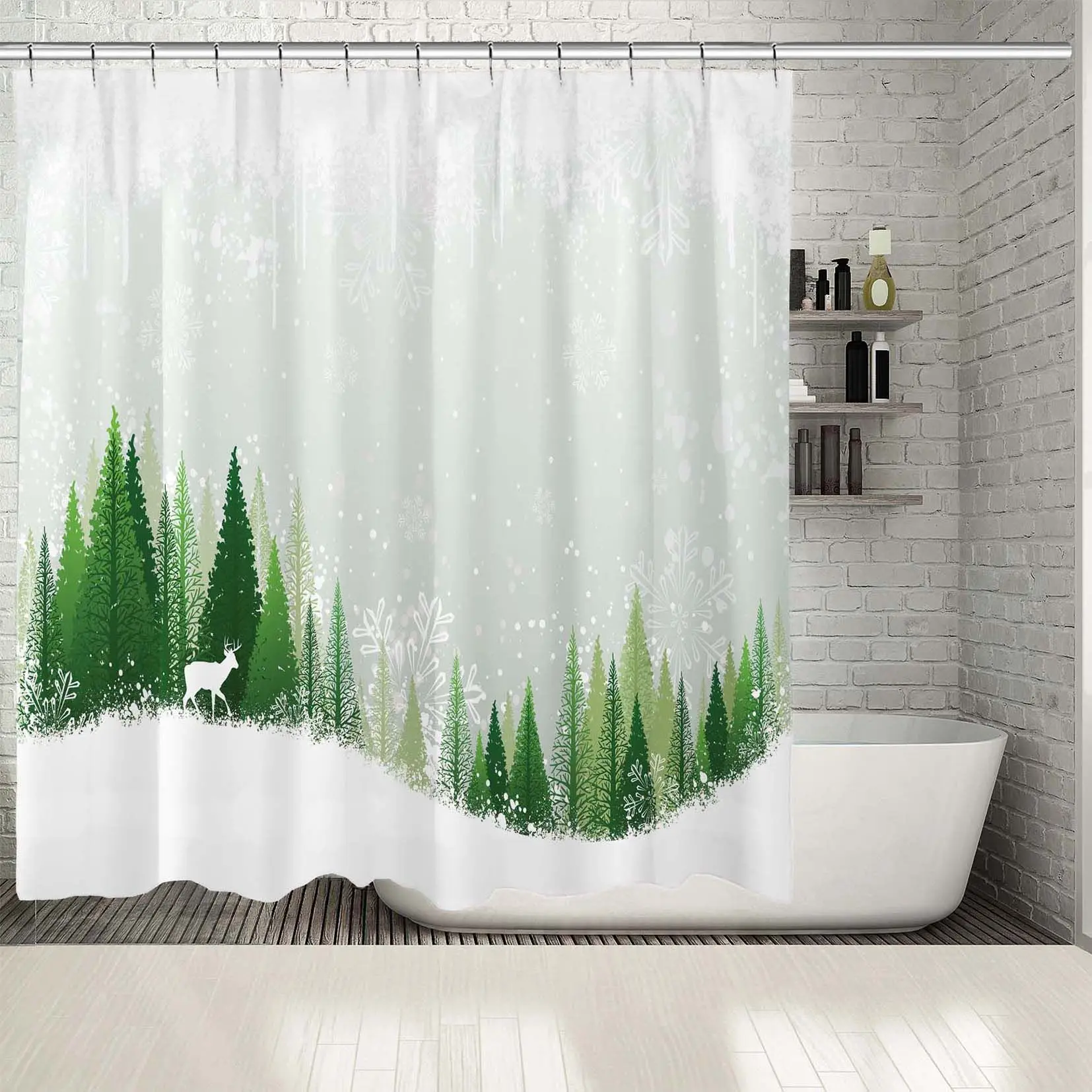 Занавеска для душа Зимний лес олень елки снежинки зеленый и белый новогодний