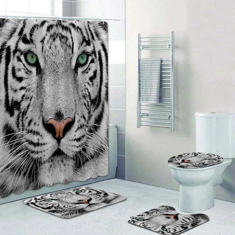 

3D Close-up Portrait of White Tiger Wild Animal Bathroom Curtain Shower Curtain Set for Bathroom Wildlife Bath Mat Toilet Decor