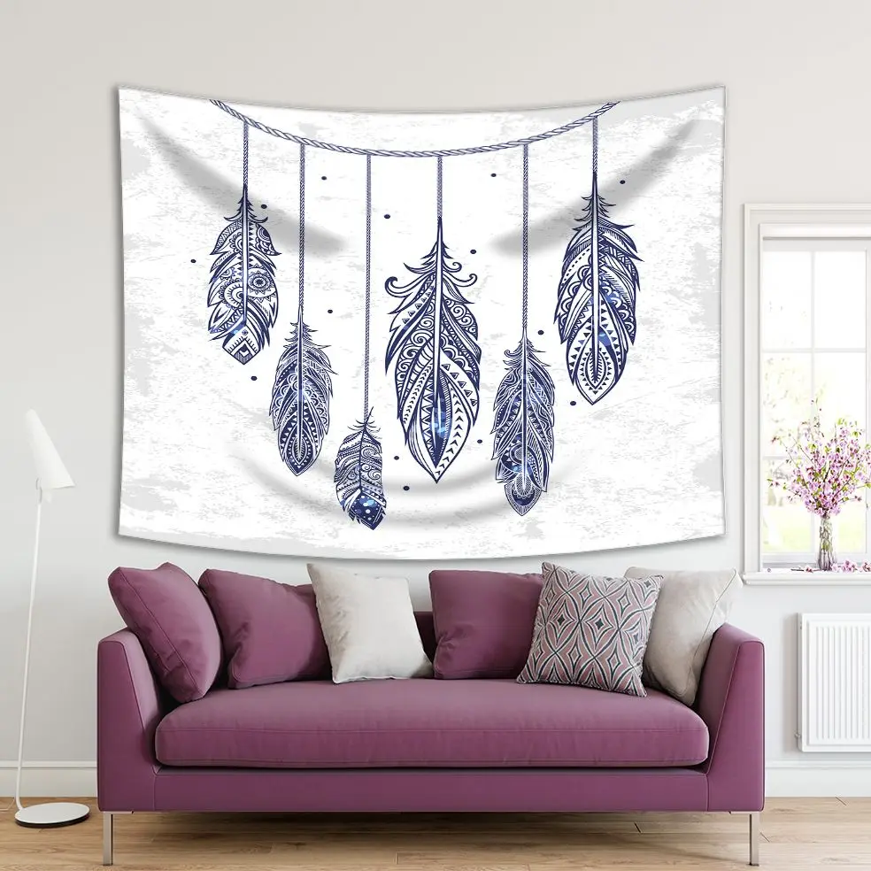 

Tapestry Dream Catcher Ethnic Hanging Feathers Ancient Culture Bohemian Style Artwork Printed Blue and White