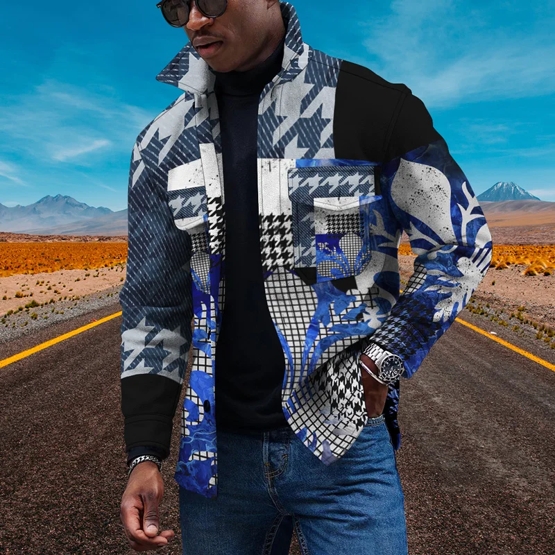 

Spring And Autumn 3d Personalized Houndstooth Pattern Printed Harajuku Fashion Windbreaker Large Size Casual Lapel Button Jacket