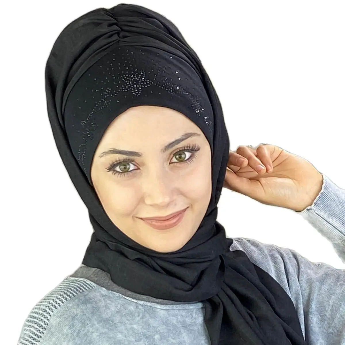 

Black Cubic Zirconia Ready Shawl New Fashion Islamic Muslim Women Scarf 2021 Trend Hijab Which Are Immediately Ready To Wear Hats Beanie Bonnet koton