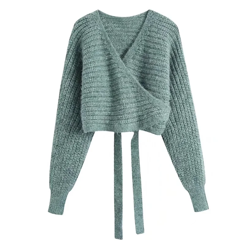 

ZXQJ Women 2022 Fashion With Tied Knit Wrap Cardigan Sweater Vintage Long Sleeve Female Outerwear Chic Tops