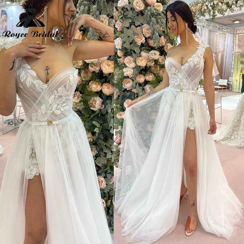 

Charming Boho Wedding Dress One Shoulder Lace Pleats Tulle Split Side Reception for Bridal Gowns Custom Made Vestido De Novia