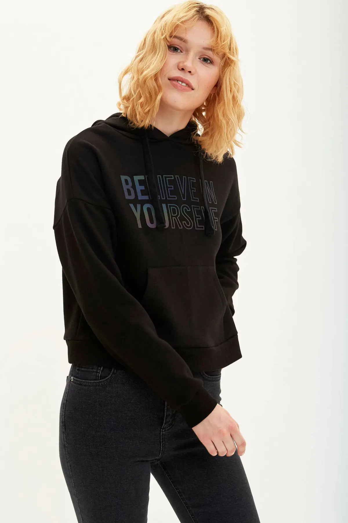 DeFacto женские зимние крутые черные толстовки повседневные с капюшоном свитшоты