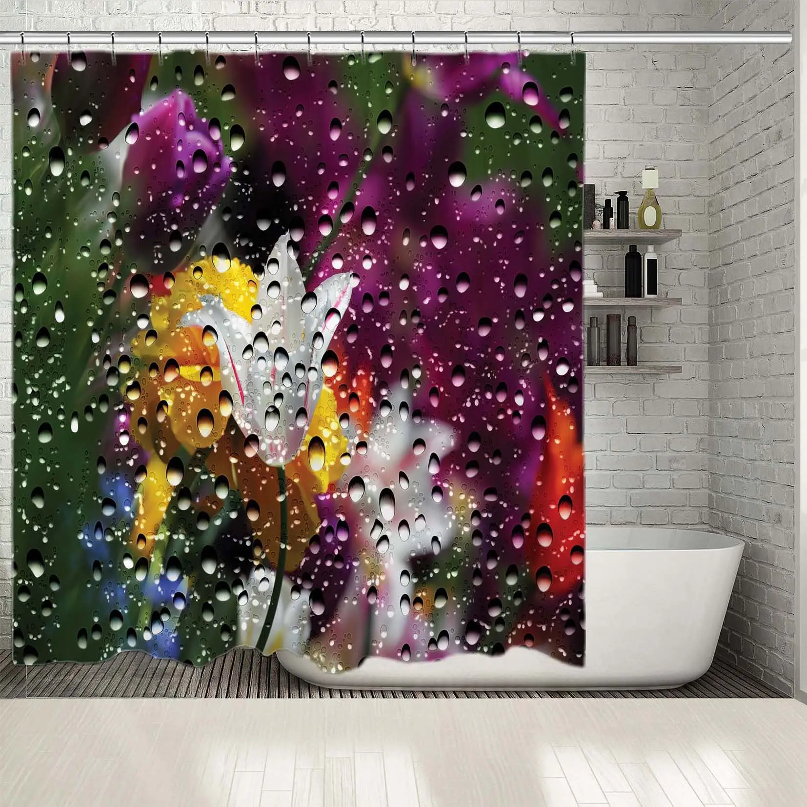 Занавески для душа цветные цветы сад тюльпаны через капли воды покрытые стеклом