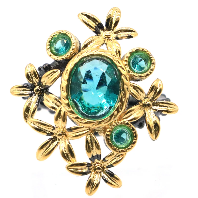

27x25mm Neo-Gothic Created 6.3g Rich Blue Aquamarine For Women Daily Wear Black Gold Silver Rings Punk Hollow