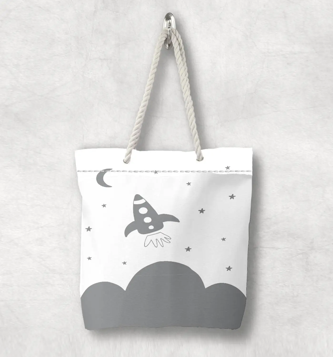 

Else Gray White Space Ship Moon Stars Scandinavian White Rope Handle Canvas Bag Cartoon Print Zippered Tote Bag Shoulder Bag