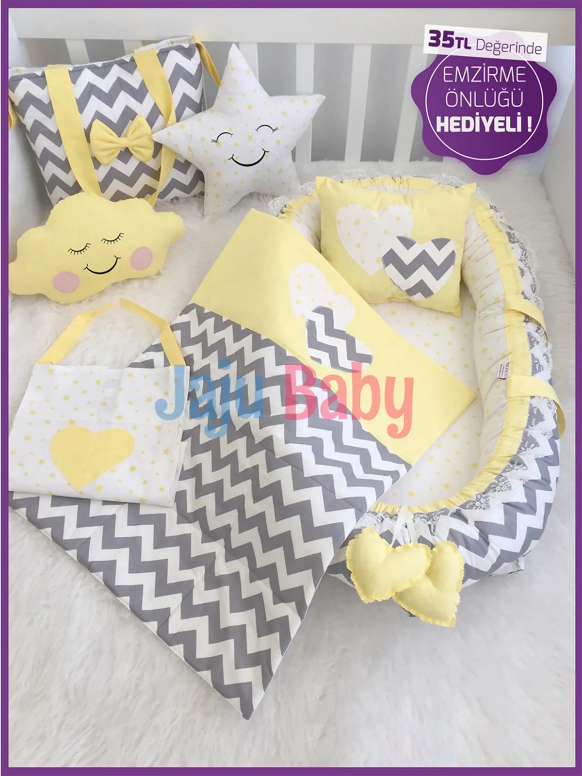 Jaju Baby Handmade, Gray-Yellow Zigzag Design Orthopedic Lux Babynest Nursing Apron GIFT! Mother Side Portable Baby Bed