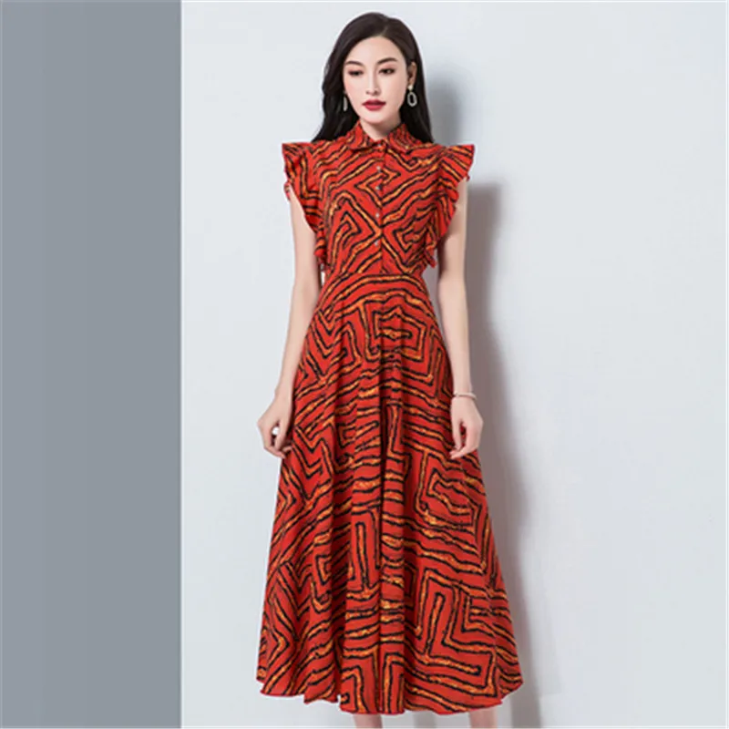 2020 Korean summer new temperament lady stand-up collar waist slimming chiffon printed mid-length dress