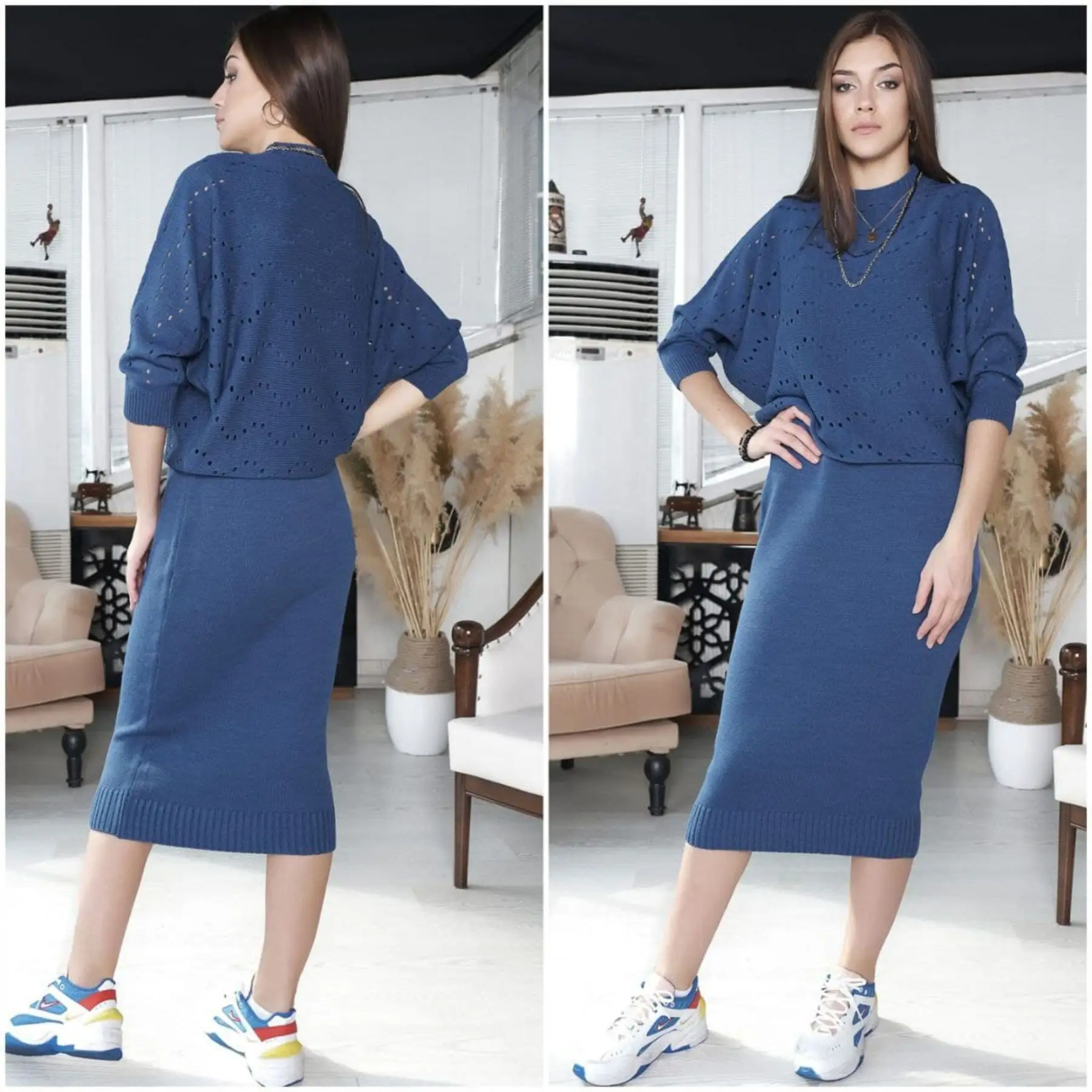 

2 Pieces Skirt And Pullover Knitted Womens Set Loose Sweater and Midi Skirt Turkey O-Neck One Size M-XXL Fast Shipping 2021