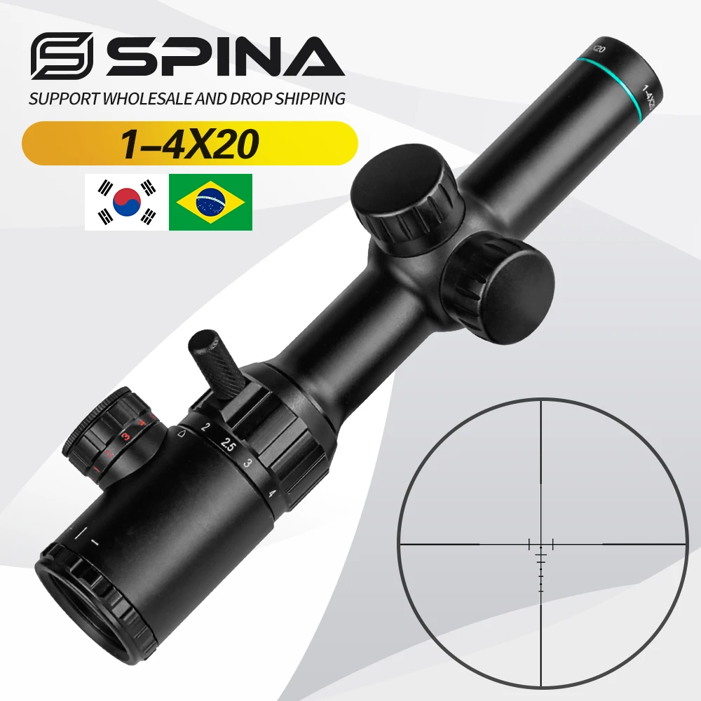 Spina Optics 1-4x20 Hunting Riflescope Red Green Illuminated Range Finder Mil Dot Reticle Rifle Scope Sight with Mounts
