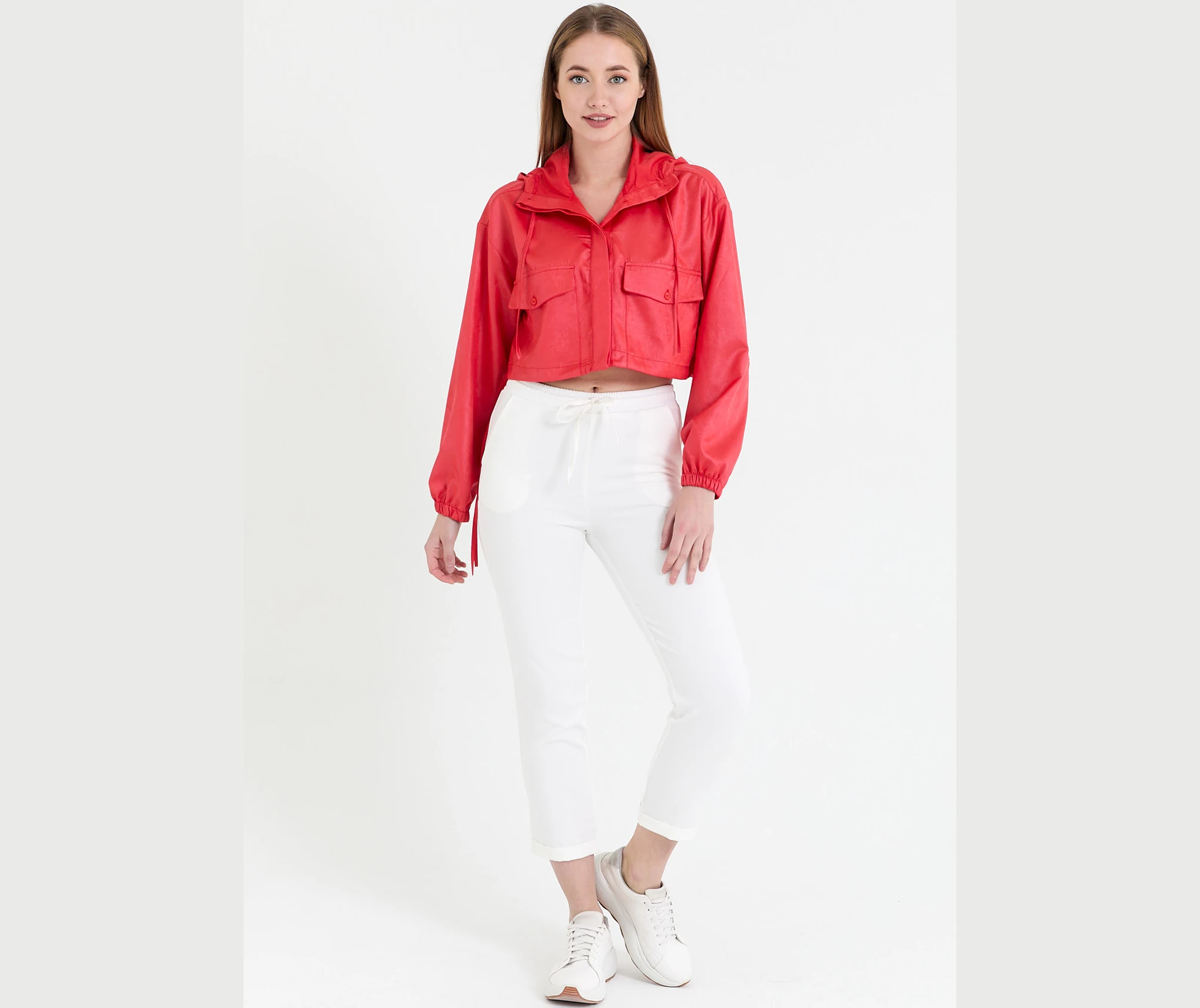 

Women's Red Hooded Short Vest Coat