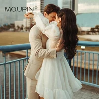mqupin simple short wedding dress organza long puff sleeves high neck a line mini tulle knee length formal bridal gowns a47