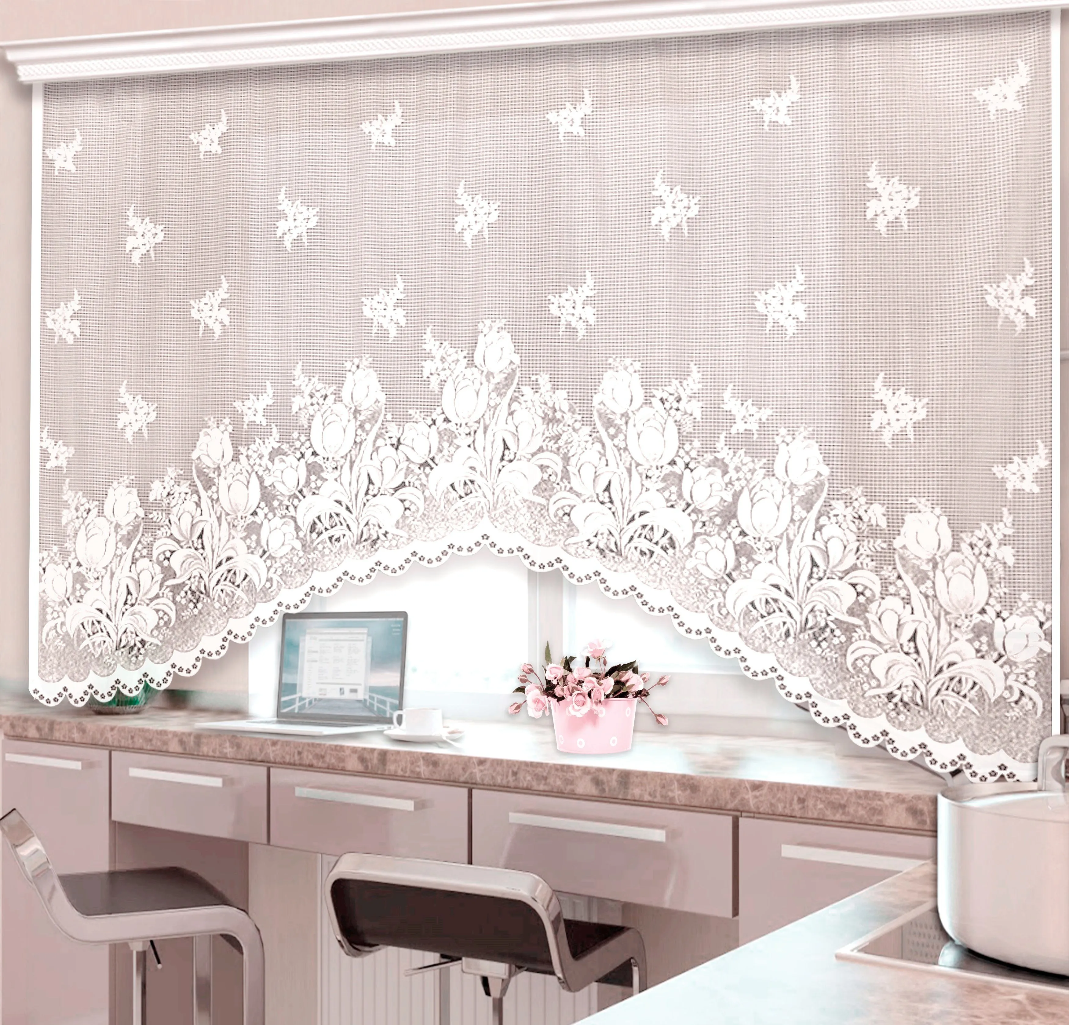 Тюль. Штора. Занавеска белая для кухни детской и других помещений. Романтический