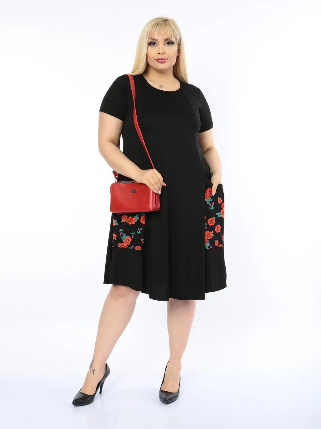 Plus Size Women Clothing 2022 Summer High Street Fashion with Pockets Rose Knee-Length Lycra Knitted Viscose Made in Turkey