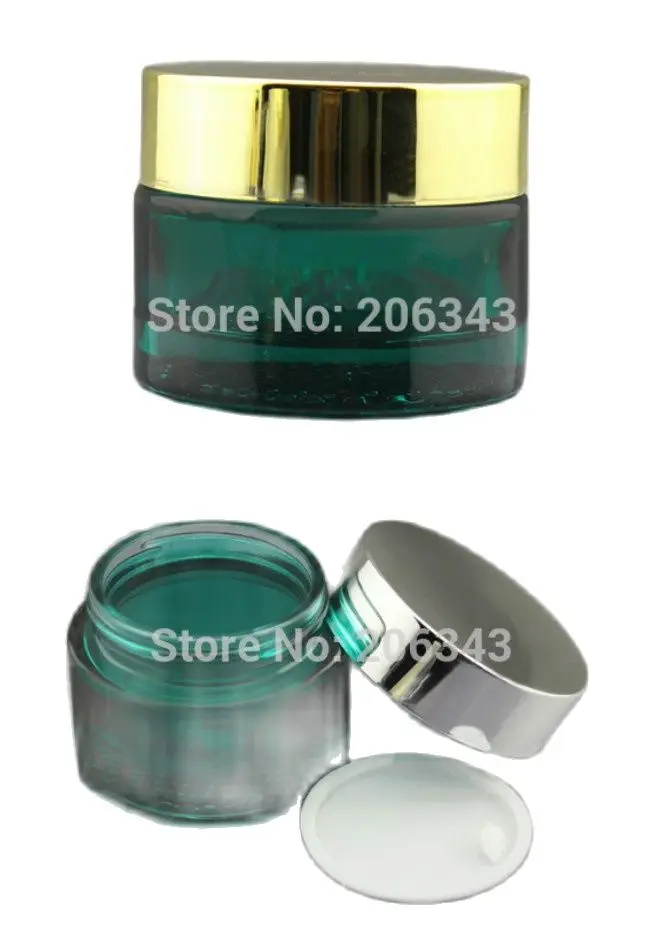 50 г зеленая стеклянная банка для крема с серебряной/золотой крышкой