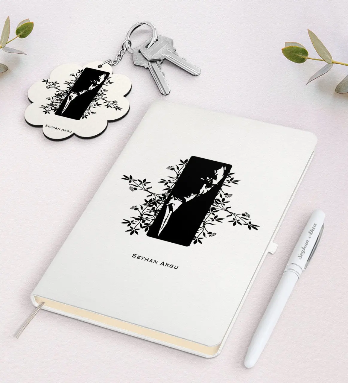

Personalized Ataturk Themed White Notebook Pen And Keychain Gift Seti-8