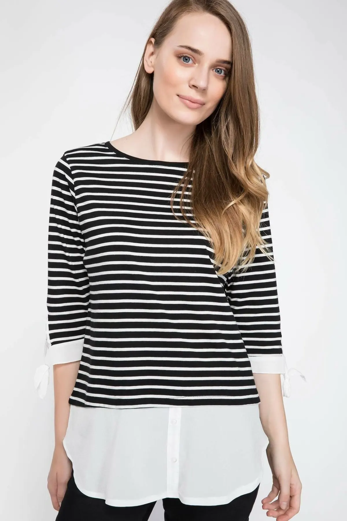 Женские футболки в черно белую полоску DeFacto повседневные с длинным рукавом T Shirt