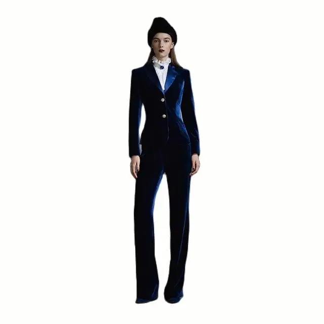 Blue Velvetl Ladies Suits Blazer Spring Summer Women Suits Office Wear Female Work Wear Office Suit Two Piece Suit(Jacket+Pants)