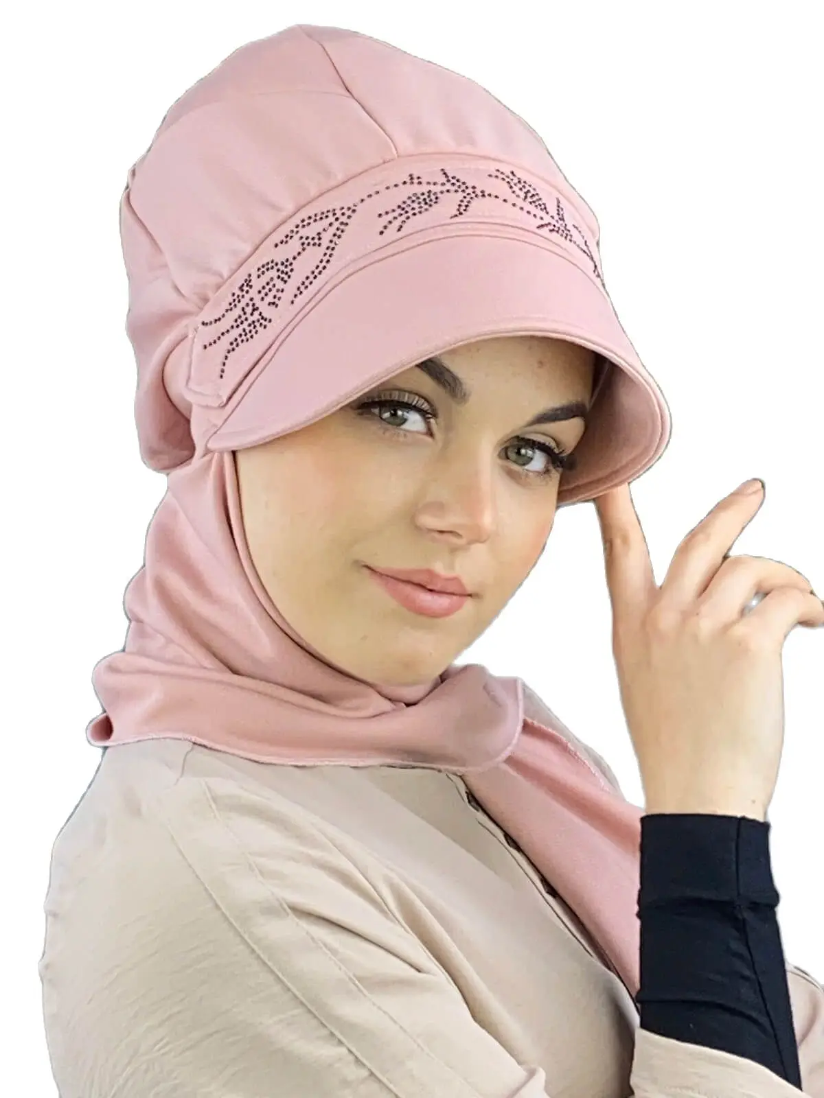 

Tulip Pattern Black Cubic Zirconia Pink New Fashion Islamic Muslim Women Scarf 2021 Trend Hijab Which Are Immediately Ready-to-Wear Hat Beret bone