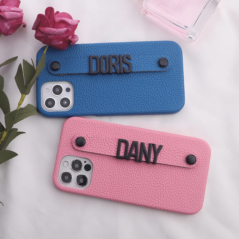 Holding Strap Metal Personalization Your Name Pebble Grain  Leather Genuine For iPhone14 14ProMax 14Plus 13Promax 13 12 11