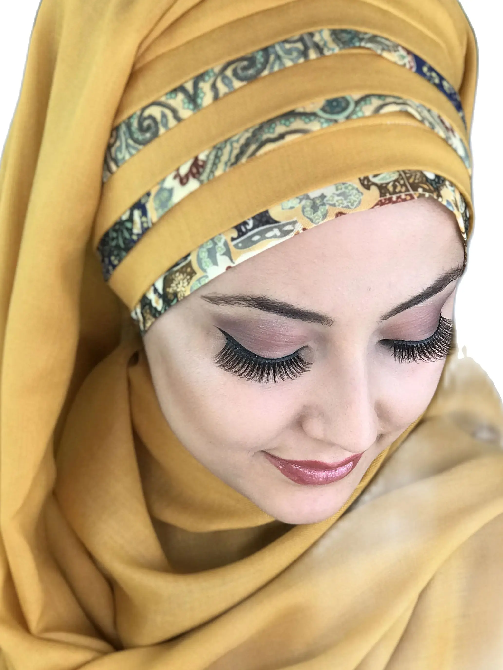 Yeni Moda Tesettür Kadın 2021 Müslüman İslam Elbise Şapka Fular Türban Şifon Dökümlü Hazır Hardal Sarı Şal