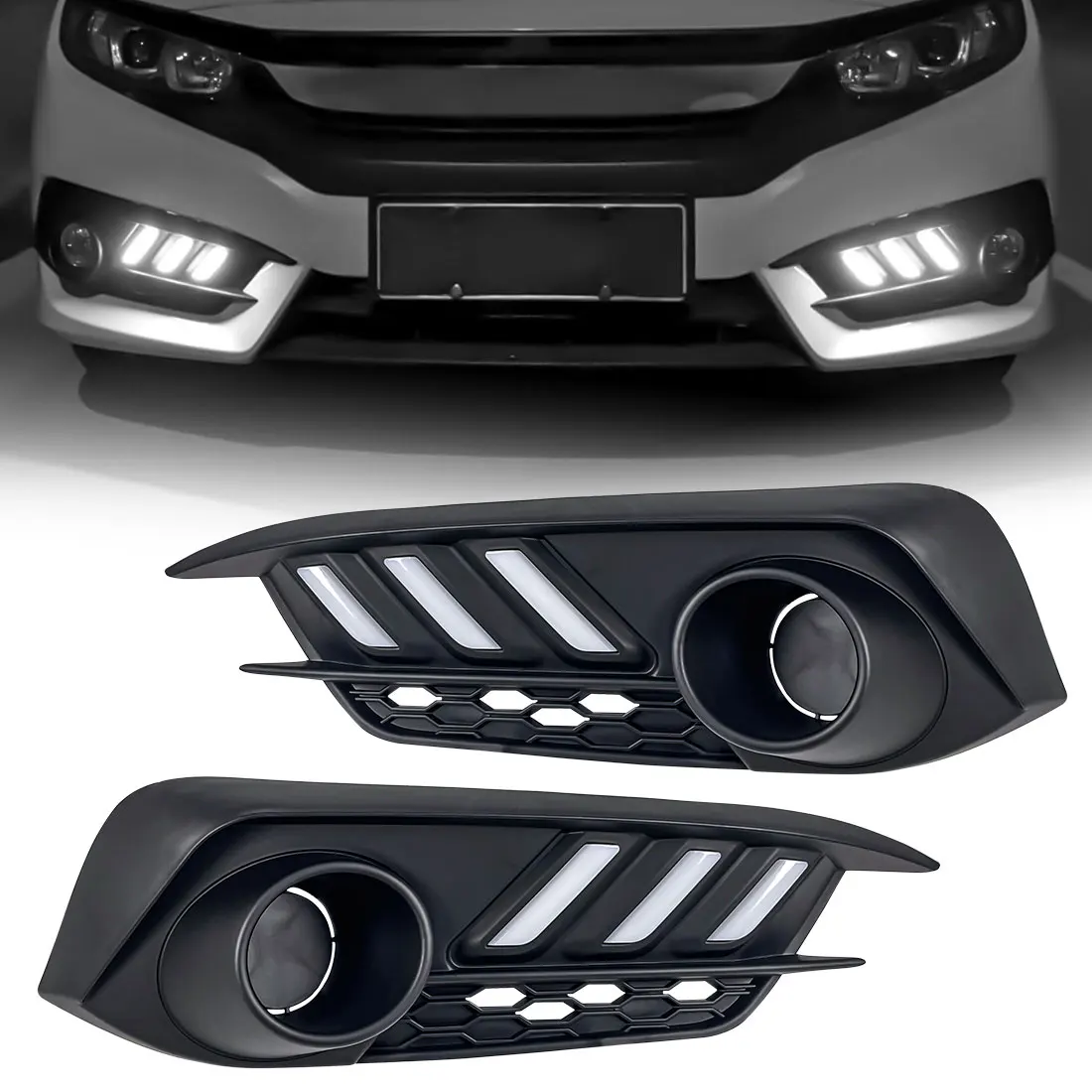 

2Pcs Front LED DRL Daytime Running Lights W/Turn Signal Light For 10th Honda Civic 2016-2018