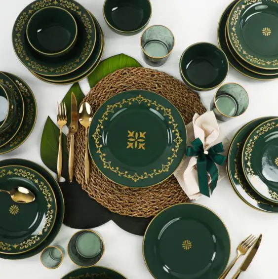 Riva Green Gold And Tableware 6 Person Dinner Set 24 Piece Dessert Plate Bowl Stone Tableware