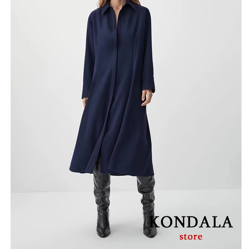 

KONDALA Za 2022 Vintage Solid Blue Loose Long Shirt Dress Women Long Sleeve Single Button Sashes Midi Dress Elegant Vestidos