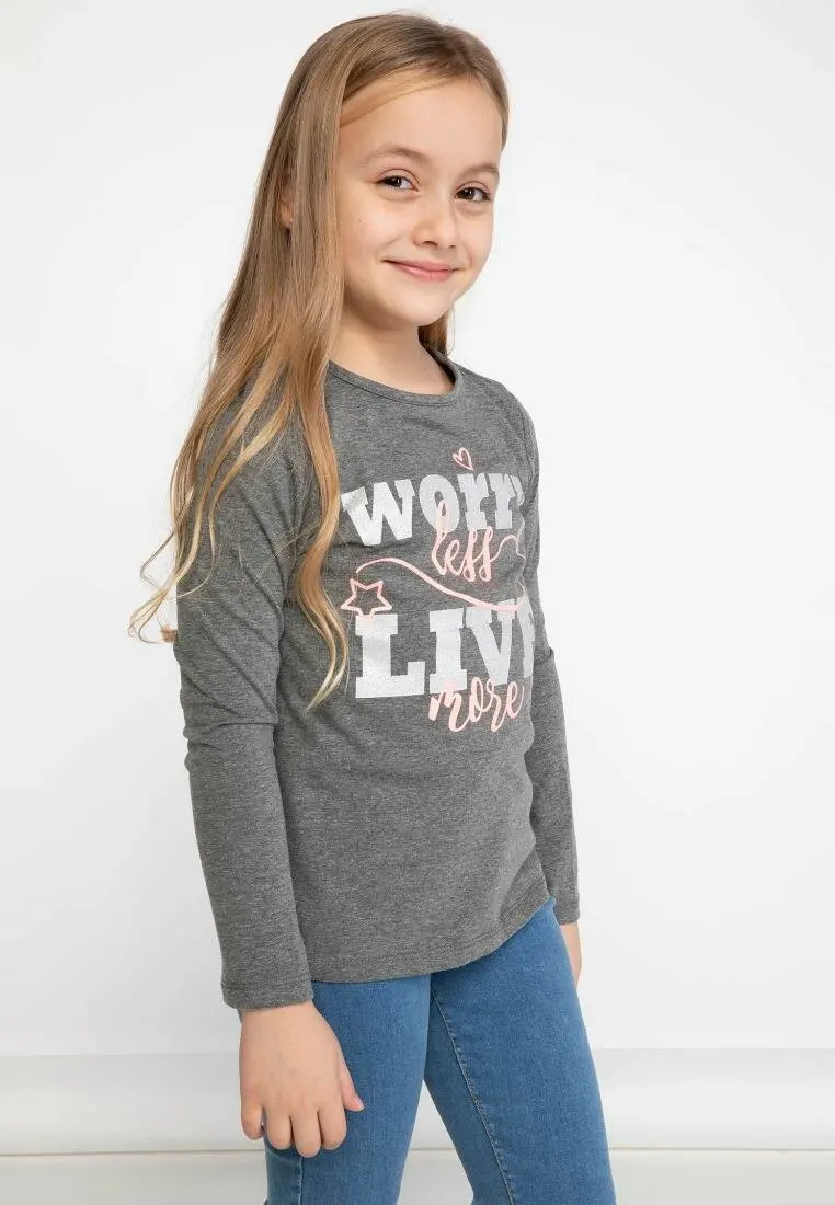DeFacto/весенние темно серые футболки с принтом букв для девочек повседневные